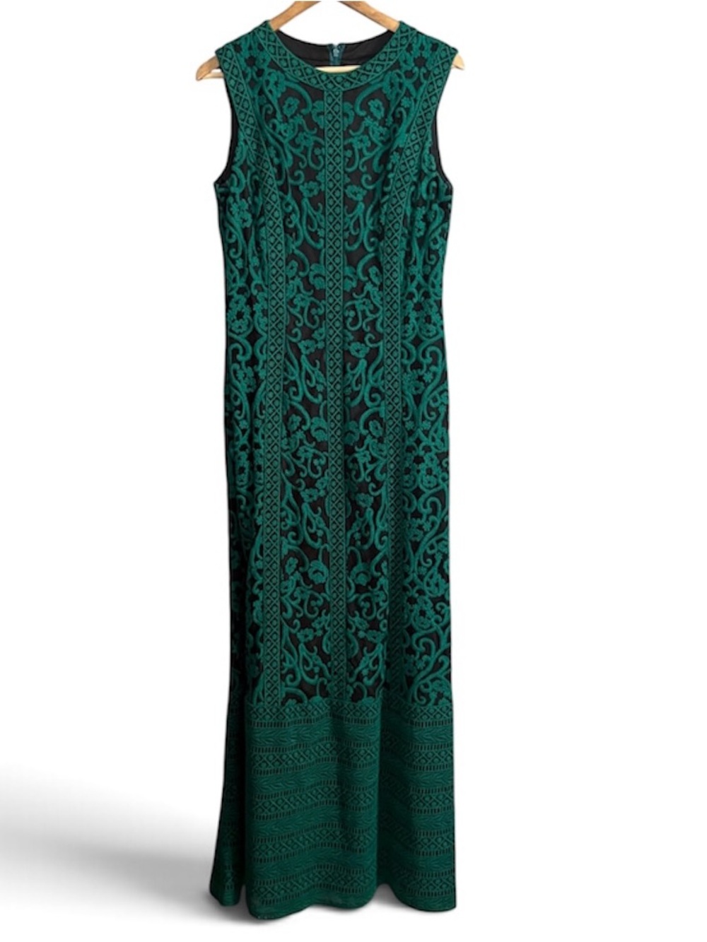 Tadashi Shoji Green and Black Lace Sleeveless Evening Gown Size 12